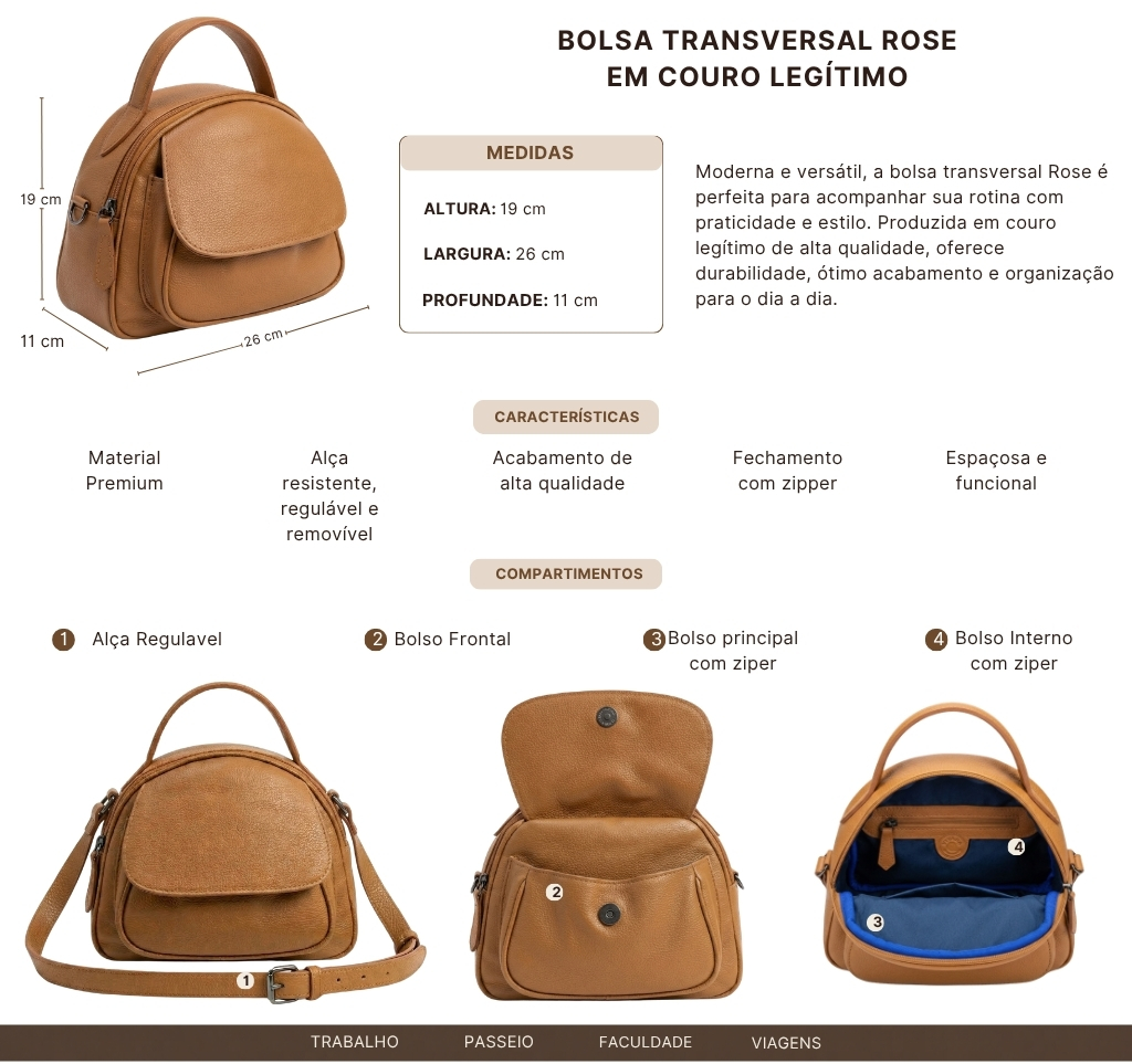 Bolsa Transversal Feminina Rose em Couro Legítimo MJ ROSE La Fábrica - Produzida em Duque de Caxias